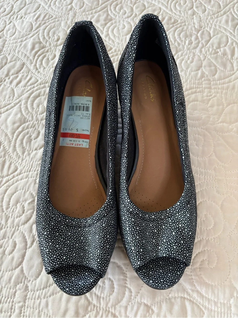 Clarks Black Speckled Vendra Daisy Wedge Peep-Toe Shoes